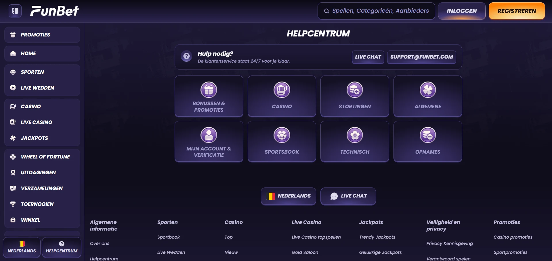 Contactblok van Funbet Casino met de servicekanalen
