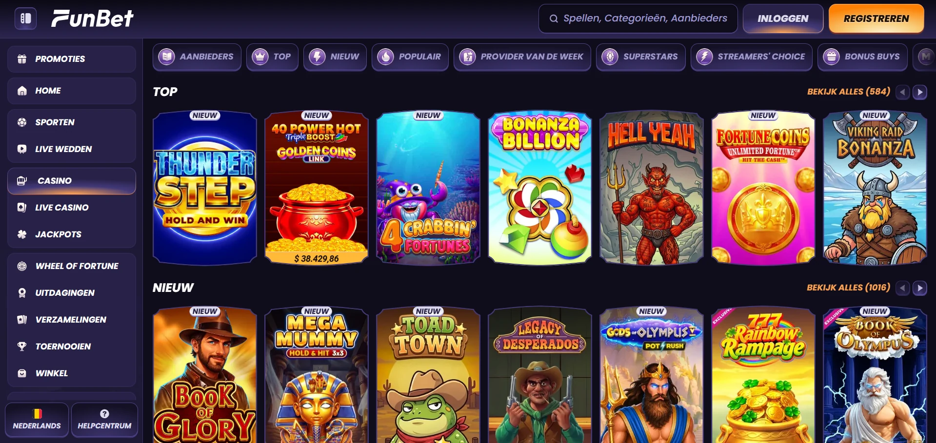 Spellobby van Funbet Casino met filters op categorie en aanbieder
